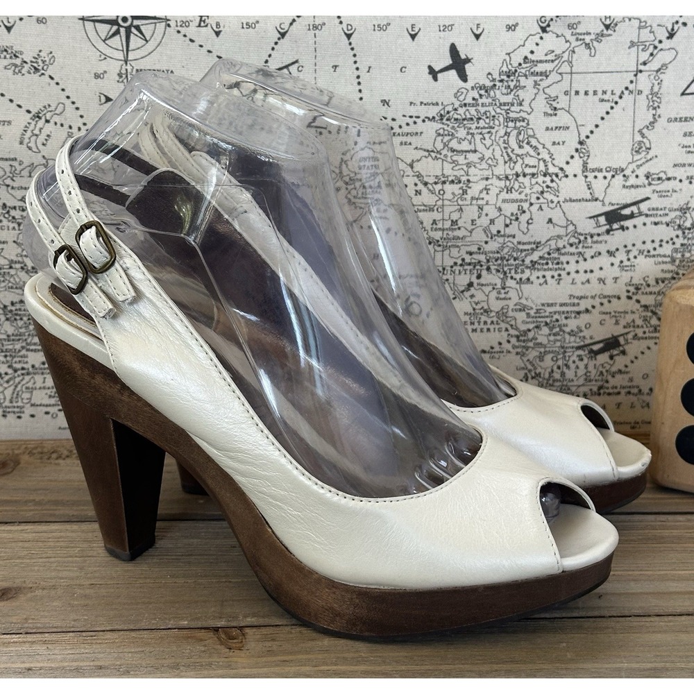 NEXT Leather Platform Wood Heels Slingback White Retro 50's Sz 7 Women’s